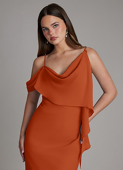 Azazie Yura Vestidos de damas de honor Vestido Naranja Quemada de Gasa de Corte Sirena con Hombros descubiertos image2
