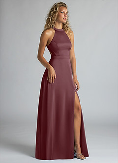 Azazie Clarice Bridesmaid Dresses Sangria A-Line High Neck Stretch Satin Dress image2