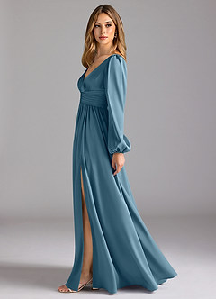 Azazie Norah Brautjungfernkleider A-Linie Stretch-Satin Kleid Bermudablau image4