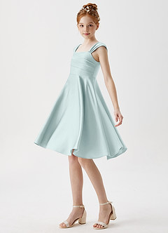Azazie Amira Junior Mist A-Line Pleated Stretch Satin Dress image4