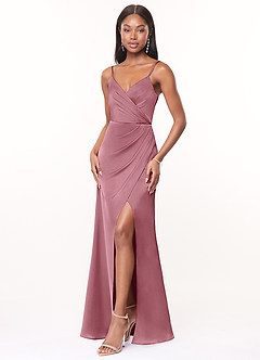 Azazie Maci Robes de demoiselle d'honneur Robe Trapèze en Satin extensible Col V plissé Mauve Vintage image3