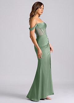 Azazie Alyce Robes de demoiselle d'honneur Robe Sirène Convertible en Satin extensible Épaule décolletée Matcha image3