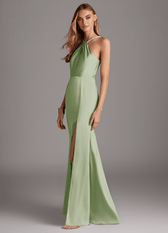 Azazie Elana Vestidos de damas de honor Vestido de Salvia Polvorienta de Satén Elástico de Corte Recto con Corte Lateral image3