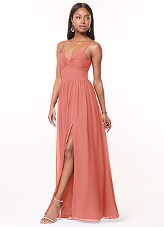 Azazie Zeya Bridesmaid Dresses Salmon Pink A-Line V-Neck Pleated Chiffon Dress image2