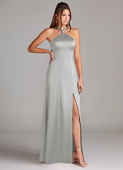 Azazie Elliana Bridesmaid Dresses Silver A-Line Side Slit Stretch Satin Dress image3