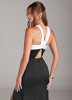 Azazie Rue Bridesmaid Dresses Ivory Black A-Line Pleated Stretch Satin Dress image2