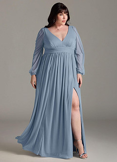 Azazie Norah Robes de demoiselle d'honneur Robe Trapèze en Mousseline de soie Col en V, manches longues Bleu Poussiéreux image9