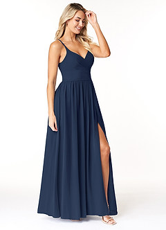 Azazie Dominic Bridesmaid Dresses Dark Navy A-Line V-Neck Pleated Chiffon Dress image4