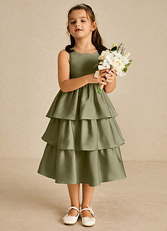 Azazie Margery Flower Girl Dresses Pistachio A-Line Bow Stretch Satin Dress image2
