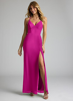 Azazie Becca Bridesmaid Dresses Fuchsia Sheath V-Neck Chiffon Dress image3