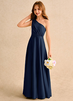 Azazie Puddles Girls Formal Flower Girl Dresses Dark Navy A-Line One Shoulder Matte Satin Dress image6