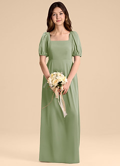 Azazie Briar Junior Vestido de Salvia Polvorienta de Satén Elástico de Corte en A con Lazo image1