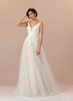 Azazie Jolene Wedding Dresses Diamond White Champagne A-Line Lace Tulle Dress image3