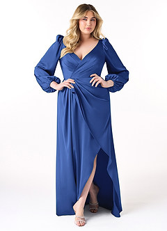Azazie Mel Bridesmaid Dresses Royal Blue Sheath Long Sleeve Stretch Satin Dress image7