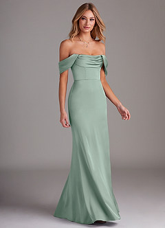 Azazie Saige Bridesmaid Dresses Agave Sheath Off the Shoulder Stretch Satin Dress image6