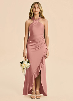 Azazie Thea Junior Rosette Sheath Ruched Stretch Satin Dress image3