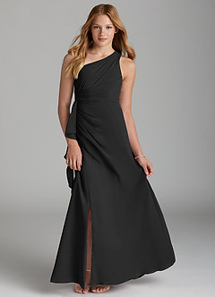 Azazie Maive Junior Black A-Line Pleated Chiffon Dress image1
