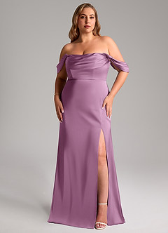 Azazie Saige Vestidos de damas de honor Vestido de Glicinia de Satén Elástico de Corte Recto con Vestidos sin tirantes image11