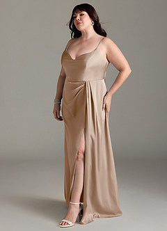 Azazie Brielle Bridesmaid Dresses Taupe A-Line Cowl Spaghetti Straps Stretch Satin Dress image10