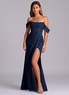 Azazie Johana Bridesmaid Dresses Dark Navy Mermaid Off the Shoulder Floral Burnout Convertible Dress image4