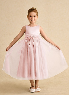 Azazie Lux vestidos de niña de las flores Vestido de Rosa Rubor de Tul de Corte En A con Perla image4