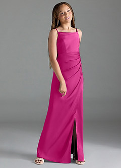 Azazie Leonis Junior Fuchsia A-Line Pleated Stretch Satin Dress image3