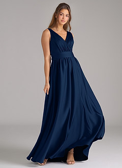 Azazie Kora Bridesmaid Dresses Dark Navy A-Line Pleated Stretch Satin Dress image4