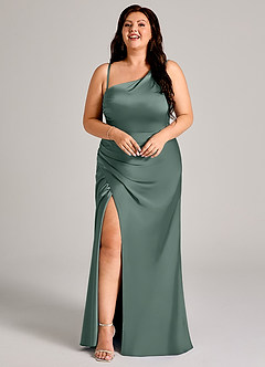 Azazie Madelyn Bridesmaid Dresses Sea Moss Mermaid One Shoulder Stretch Satin Convertible Dress image14