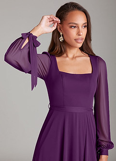 Azazie Leonia Bridesmaid Dresses Grape A-Line Long Sleeve Mesh Dress image5