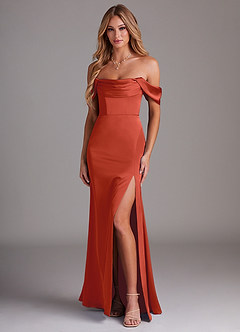 Azazie Saige Bridesmaid Dresses Rust Sheath Off the Shoulder Stretch Satin Dress image1
