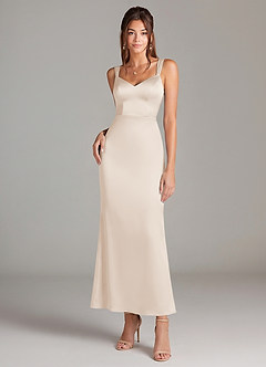 Azazie Denice Bridesmaid Dresses White Alabaster Sheath Pleated Stretch Satin Dress image3