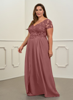 Azazie Dunja Mother of the Bride Dresses Desert Rose A-Line V-Neck Lace Chiffon Dress image4
