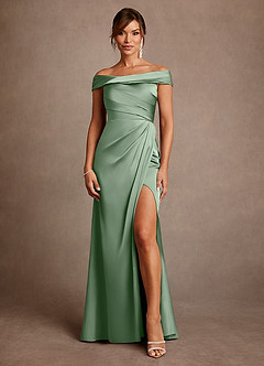 Azazie Bedford Mother of the Bride Dresses Matcha Sheath Pleated Stretch Satin Dress image1