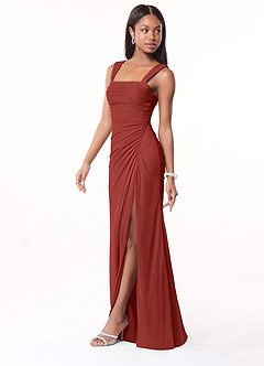 Azazie Jesaphine Bridesmaid Dresses Terracotta Sheath Ruched Mesh Dress image4