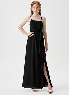 Azazie Kaylee Junior Black A-Line with Belt Mesh Dress image4