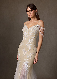 Azazie Saskia Vestidos de novia Vestido de Blanco Diamante Champán de Tul de Corte Sirena con Lentejuela image6