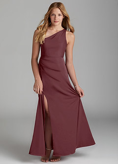 Azazie Maron Junior Sangria A-Line Pleated Stretch Satin Dress image1
