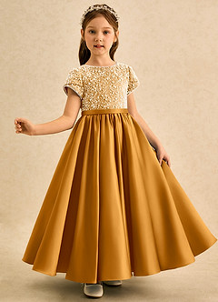 Azazie Cashew Flower Girl Dresses Butterscotch Ball-Gown with Sleeves Matte Satin Dress image4