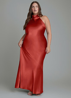 Azazie Velli Robes de demoiselle d'honneur Robe Fourreau en Satiné métallisé Col haut Rouille image11
