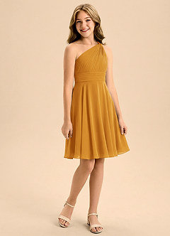 Azazie Charlize Junior A-Line Plisseret Chiffon Mini Junior brudepige Kjole image3