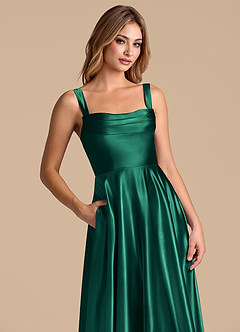 Azazie Shaude Bridesmaid Dresses Emerald A-Line Pleated Metallic Satin Dress image2