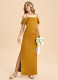 Azazie Saige Junior Robe Fourreau en Satin extensible Épaule décolletée Caramel écossais image5