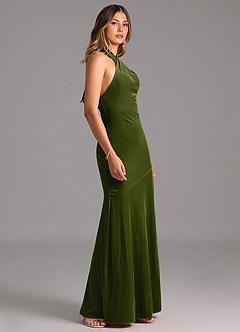 Azazie Drita Bridesmaid Dresses Olive A-Line Pleated Velvet Dress image3