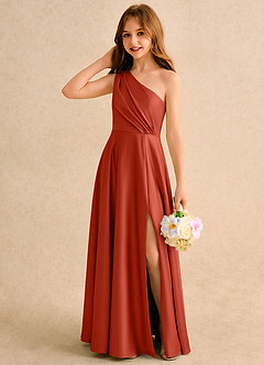 Azazie Puddles Girls Formal vestidos de niña de las flores Vestido de Óxido de Satén Elástico de Corte en A con Hombro unilateral image3