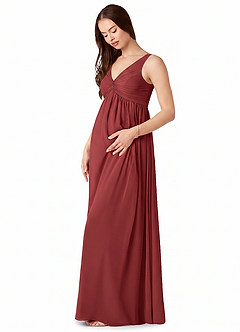 Azazie Yetta Maternity Bridesmaid Dresses A-Line V-Neck Gathered Chiffon Floor-Length Dress image4