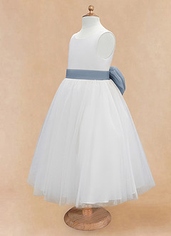 Azazie Kavi Flower Girl Dresses Ivory Dusty Blue A-Line Bow Matte Satin Dress image9