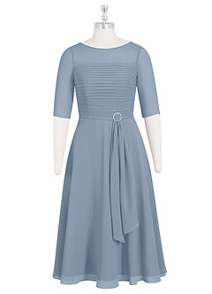 Azazie Naomi Mother of the Bride Dresses Dusty Blue A-Line Boatneck Pleated Chiffon Dress image7