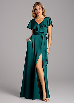 Azazie Lainey Bridesmaid Dresses Peacock A-Line with Pockets Stretch Satin Dress image3
