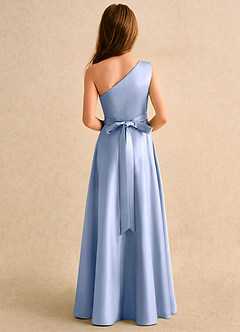 Azazie Puddles Girls Formal 플라워 걸 드레스 A라인 한쪽 어깨 매트 새틴 플로어 길이 드레스 image3