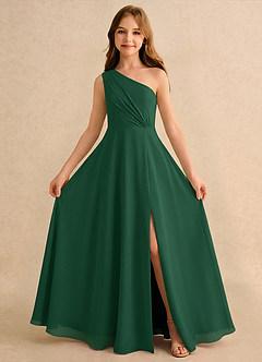 Azazie Puddles Girls Formal vestidos de niña de las flores Vestido de Verde Oscuro de Gasa de Corte en A con Hombro unilateral image5